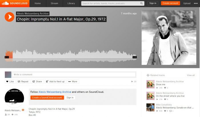 SoundCloudでワイセンベルク演奏のショパン即興曲を検索した画面